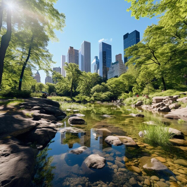 Photo des arbres et des rochers dans un parc avec une rivière et une ville en arrière-plan