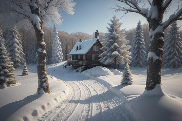 Les arbres et la route couverts de neige dans l'hiver froid Les arbres et l'épaisse neige sur le sol