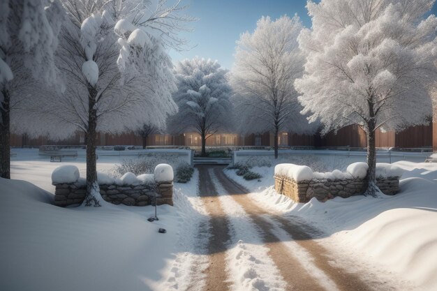 Photo les arbres et la route couverts de neige dans l'hiver froid les arbres et l'épaisse neige sur le sol