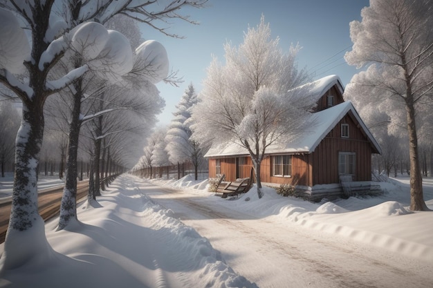 Les arbres et la route couverts de neige dans l'hiver froid Les arbres et l'épaisse neige sur le sol