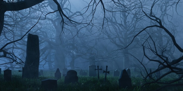 Des arbres sans feuilles et des tombes dans le cimetière le soir