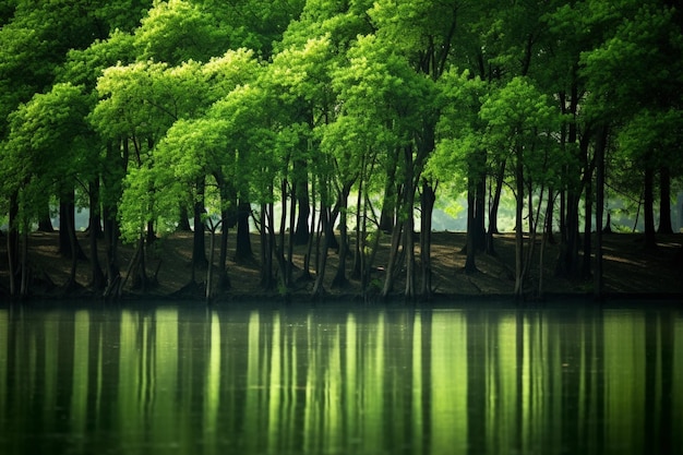 Les arbres se reflètent dans l'eau d'un lac dans une forêt générative ai