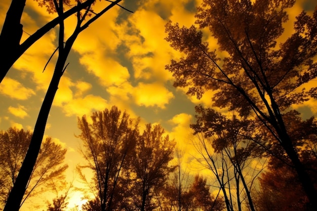 Les arbres sont rouges à la lumière du soleil dans le style de l'ambre foncé et du beige