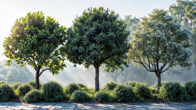 Des arbres verts dans le brouillard du matin avec des rayons de soleil qui les traversent