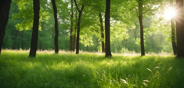 Photo des arbres verts décentrés dans la forêt ou le parc avec de l'herbe sauvage et des rayons de soleil