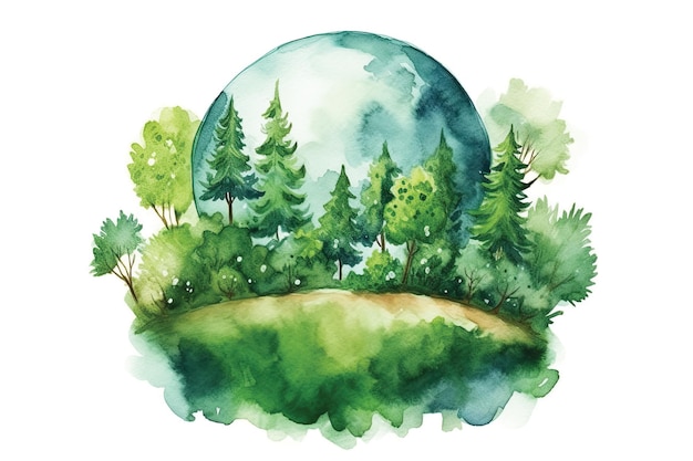 Arbres verts et l'illustration aquarelle de la lune