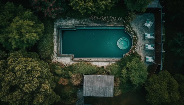 Les arbres verts se reflètent dans l'eau de la piscine tranquille générée par l'IA