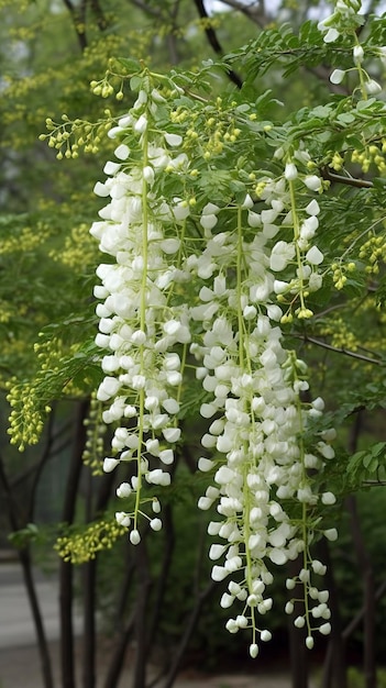 Photo les arbres verts de sophora japonica sont pleins de fleurs blanches de sophora japonica génèrent de l'ai