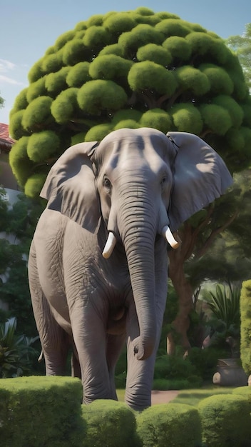 Un arbuste en forme d'éléphant dans un jardin avec un arbre