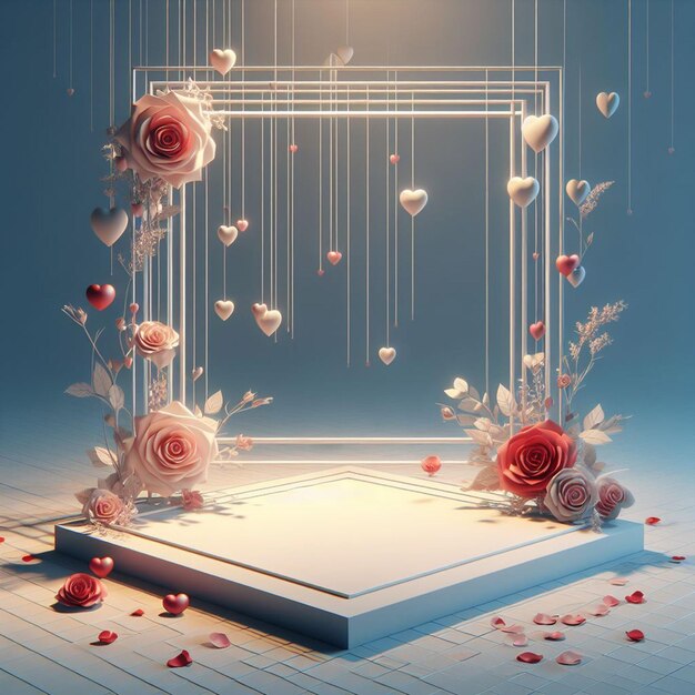 Photo arc d'amour avec des fleurs et des cœurs rendu en 3d