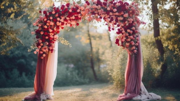 Arc de cérémonie de mariage avec des fleurs et du tissu généré par l'IA