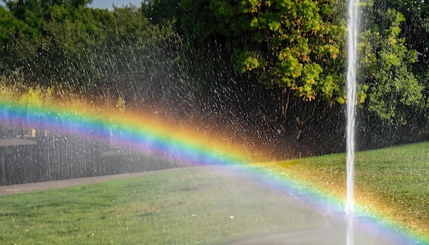 Un arc-en-ciel apparaissant dans un ruisseau d'eau d'arrosage