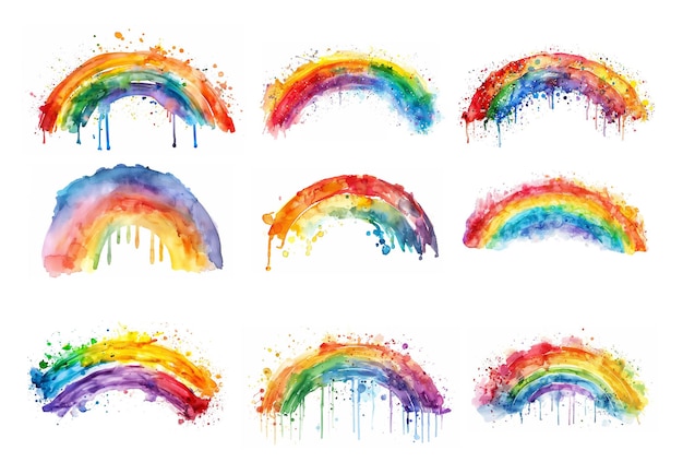 Un arc-en-ciel aquarelle sur fond blanc avec des éclaboussures