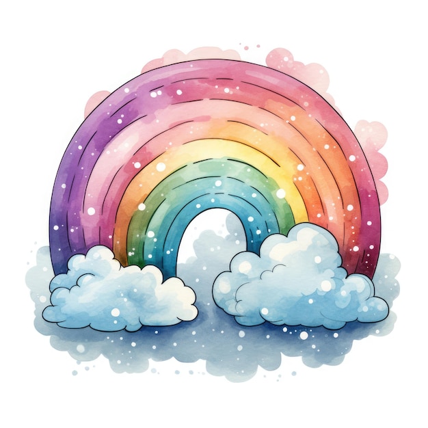 Arc-en-ciel aquarelle avec nuages AI générative