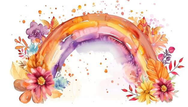 Un arc-en-ciel à l'aquarelle orange avec des fleurs