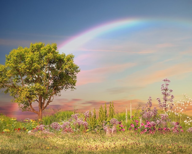 arc-en-ciel au coucher du soleil ciel éclair sur champ vert avec des fleurs sauvages et des arbres nature paysage