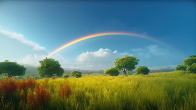 Arc-en-ciel sur un champ avec des arbres et des nuages