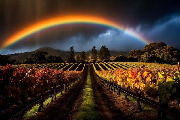 Un arc-en-ciel sur un champ de vignes