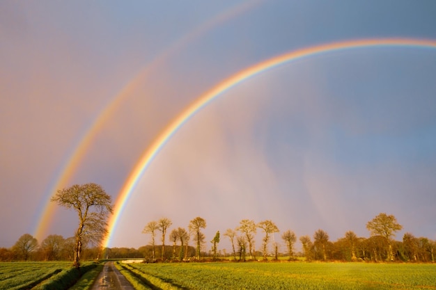 Arc-en-ciel sur ciel d'orage en Bretagne rurale