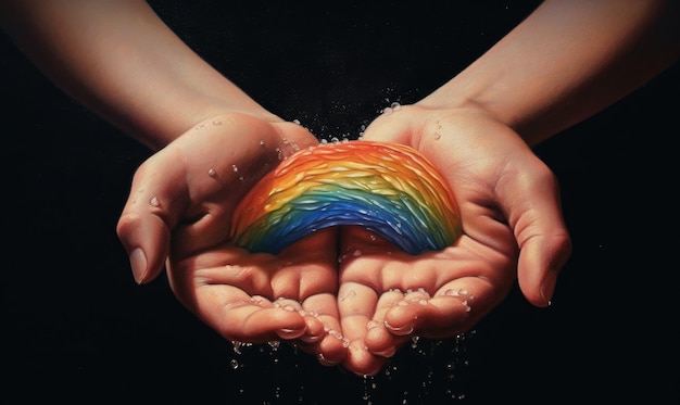 Un arc-en-ciel coloré dans les mains avec des gouttes d'eau dessus