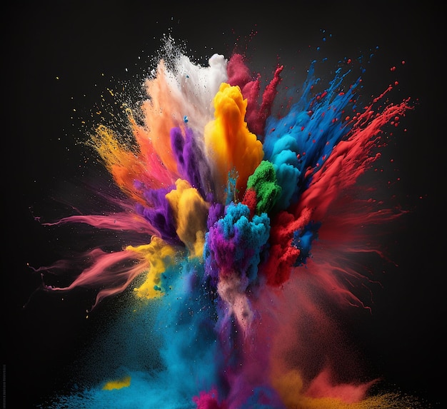 Arc-en-ciel coloré holi peinture splash explosion de poudre colorée sur fond noir AI générative