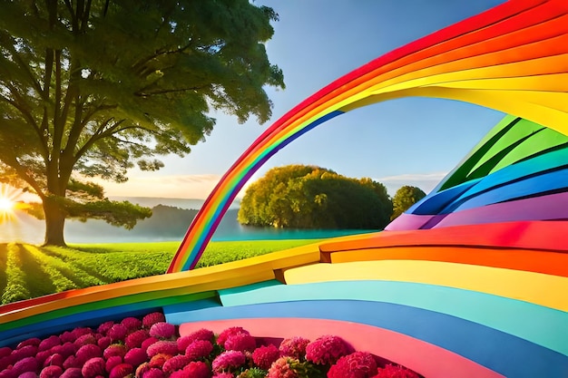 Arc-en-ciel dans un champ de fleurs