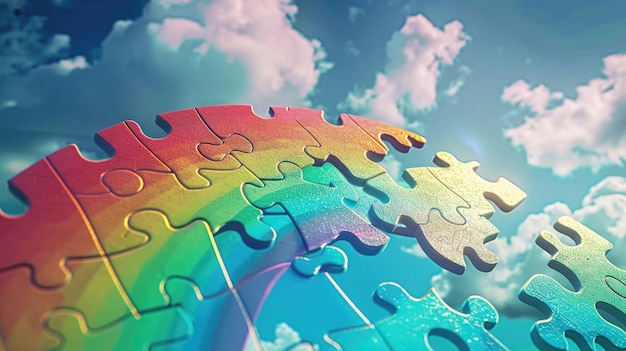 L'arc-en-ciel dans le ciel fait de puzzles multicolores Journée mondiale de sensibilisation à l'autisme