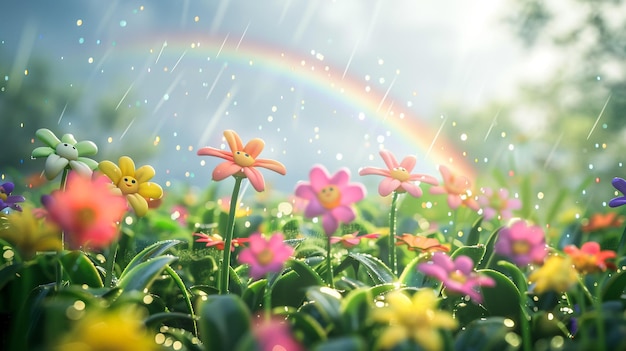 un arc-en-ciel dans le ciel sur les fleurs