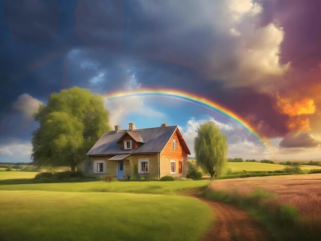 Arc-en-ciel dans les nuages du ciel sur la pelouse de la maison rurale paysage de campagne d'été