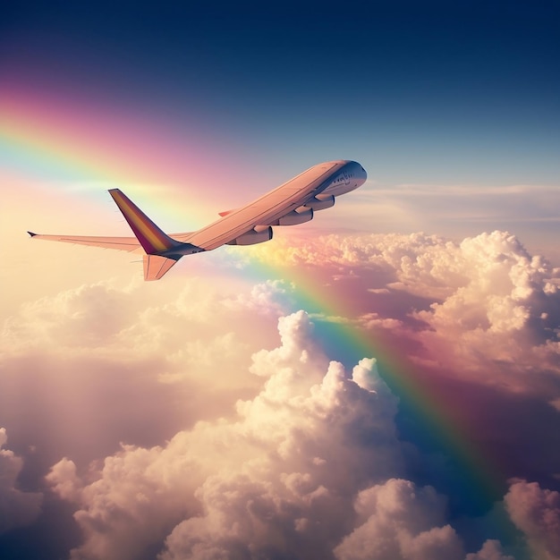 Arc-en-ciel dans la vue de l'aile de l'IA générative d'un avion volant