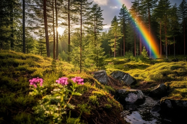 Un arc-en-ciel encadre une scène de forêt tranquille