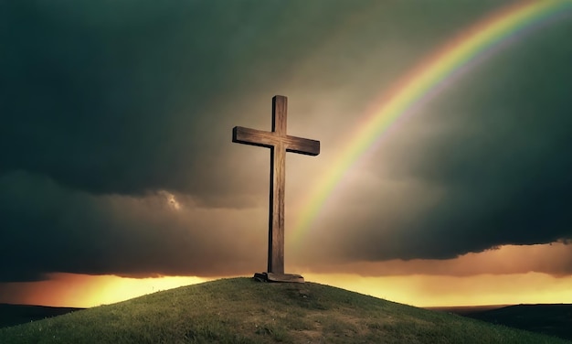 un arc-en-ciel est derrière une croix sur une colline