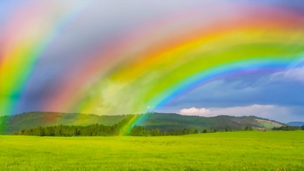 un arc-en-ciel est montré dans le ciel et l'herbe est verte