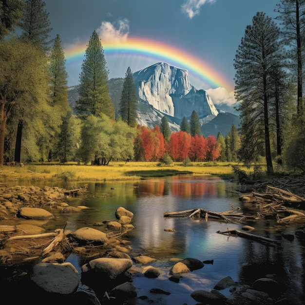 un arc-en-ciel est reflété dans une rivière avec des arbres en arrière-plan.