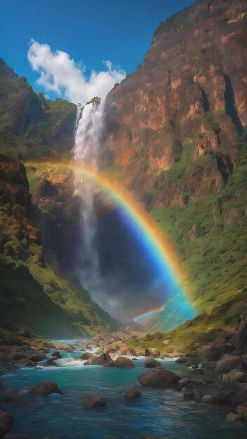 Un arc-en-ciel est représenté sur un fond bleu