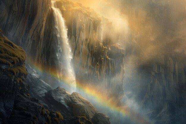 Un arc-en-ciel est vu au-dessus d'une cascade avec le soleil brillant à travers la brume