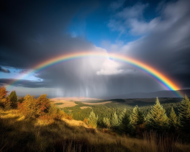 Un arc-en-ciel est vu au loin avec le soleil qui brille dessus.