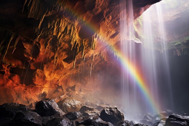 Un arc-en-ciel formé par la brume d'une cascade de grotte