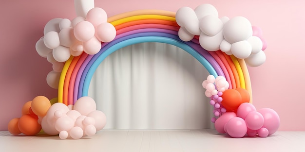 Un arc-en-ciel génératif avec IA et des ballons colorés Pour une fête d'anniversaire en 3D