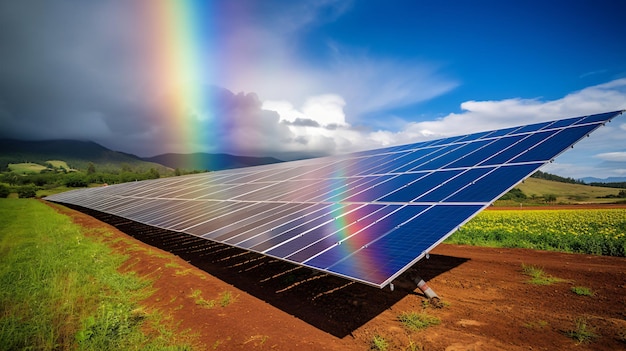 Arc-en-ciel de jour pluvieux et panneaux solaires dans le champ