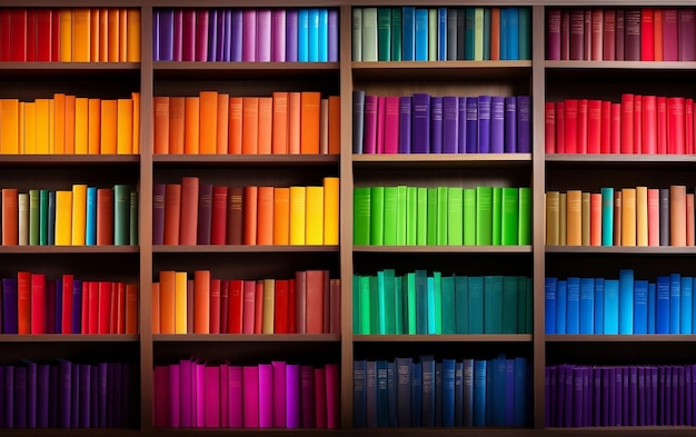 Photo arc-en-ciel de lecture de livres multicolores sur une étagère generative ai