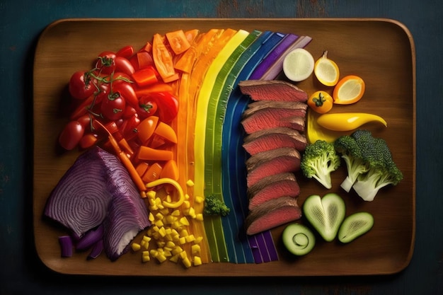 Arc-en-ciel de légumes avec bifteck de flanc pour un repas copieux et coloré