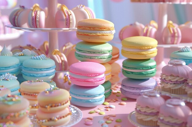 Un arc-en-ciel de macarons sur une table de dessert