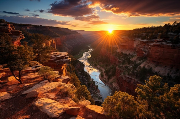 Arc-en-ciel majestueux sur un canyon aux couleurs profondes au coucher du soleil générative IA