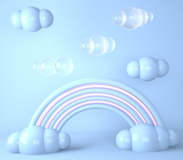 Arc-en-ciel avec des nuages sur fond pastel, rendu 3d