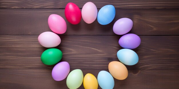 Un arc-en-ciel d'oeufs de pâques colorés sur une table en bois