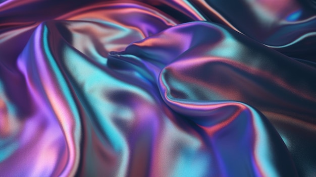 Arc-en-ciel ondulé lisse ondulé élégant tissu de soie holographique conception de texture néon vague incurvée série Satin tourné arrière-plan IA générative