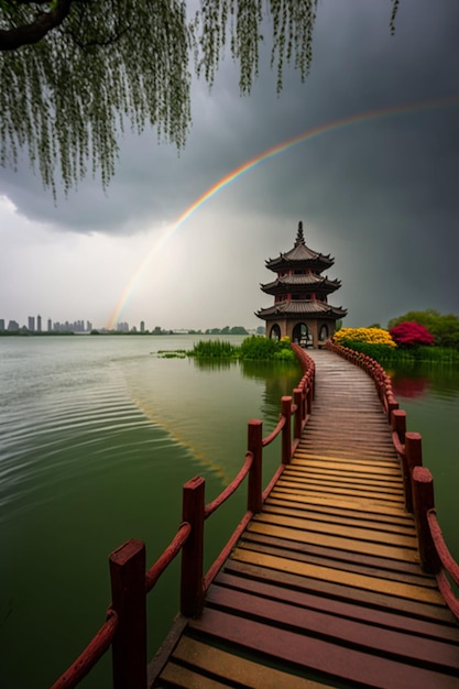 Un arc-en-ciel sur une pagode et un pont sur un lac