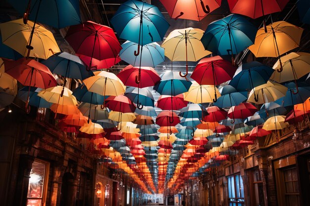 Un arc-en-ciel de parapluies accrochés de manière ludique forment un charmant auvent au-dessus d'une rue urbaine animée