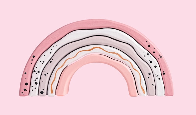 Arc-en-ciel pastel jouet empilable d'arcs sur fond rose Jouet éco en bois pour enfant Concept de divertissement d'imagination de rêve d'enfance Beau cadeau doux pour les enfants